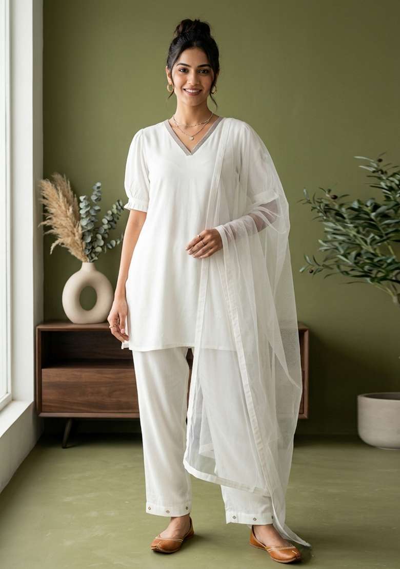 White Plain Rayon Kurta Set - Indya