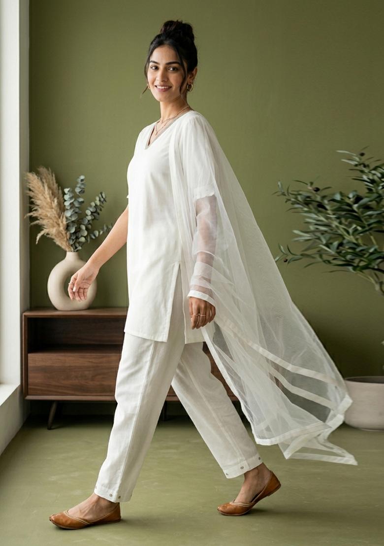 White Plain Rayon Kurta Set - Indya