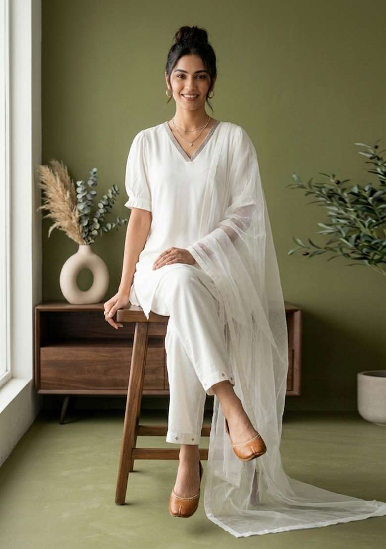 White Plain Rayon Kurta Set - Indya