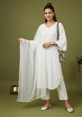 White Plain Rayon Kurta Set