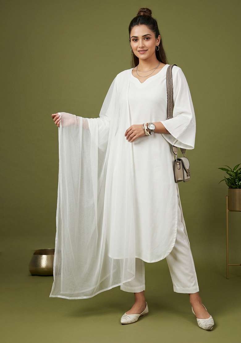 White Plain Rayon Kurta Set - Indya