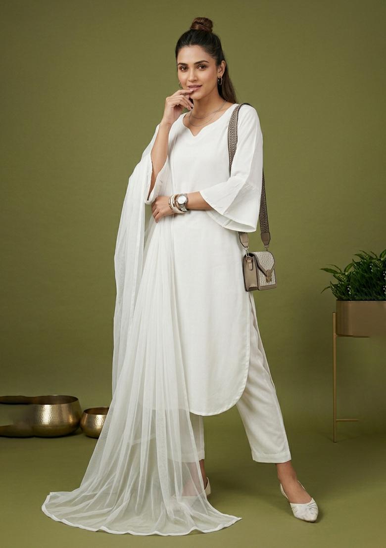 White Plain Rayon Kurta Set - Indya