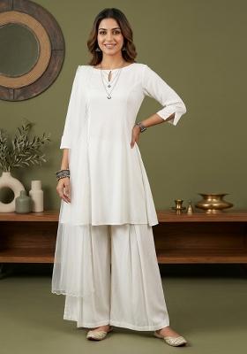 White Plain Rayon Kurta Set
