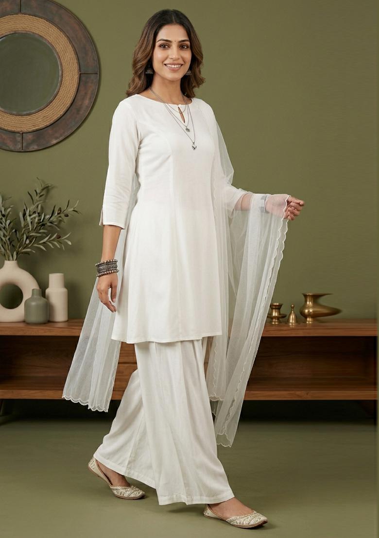 White Plain Rayon Kurta Set - Indya