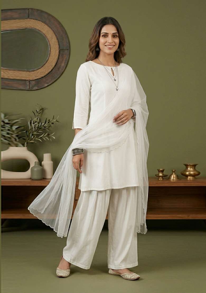 White Plain Rayon Kurta Set - Indya