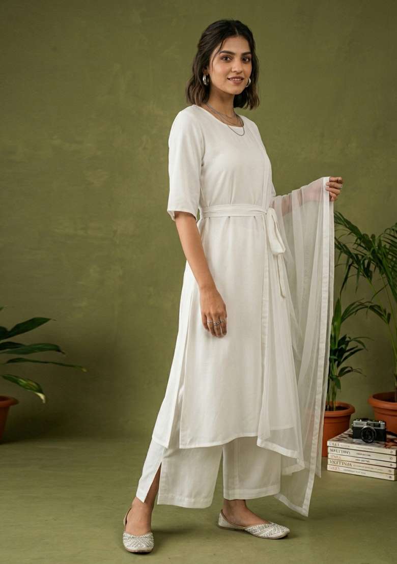 White Plain Rayon Kurta Set - Indya