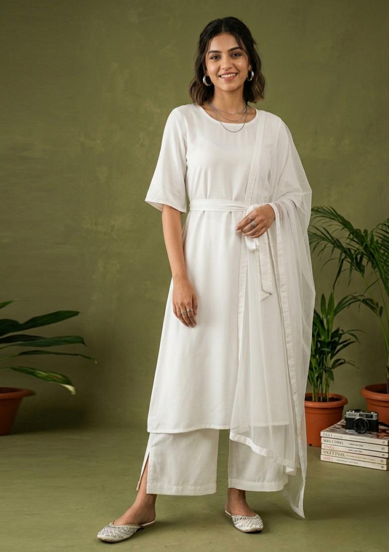 White Plain Rayon Kurta Set - Indya