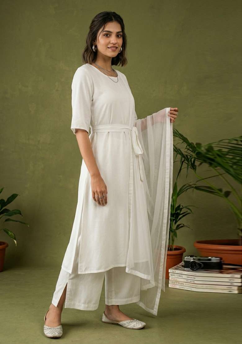 White Plain Rayon Kurta Set - Indya