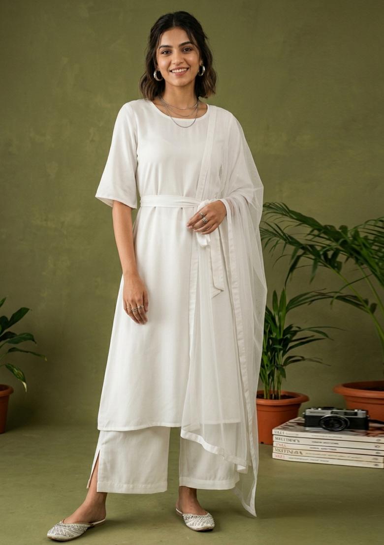 White Plain Rayon Kurta Set - Indya