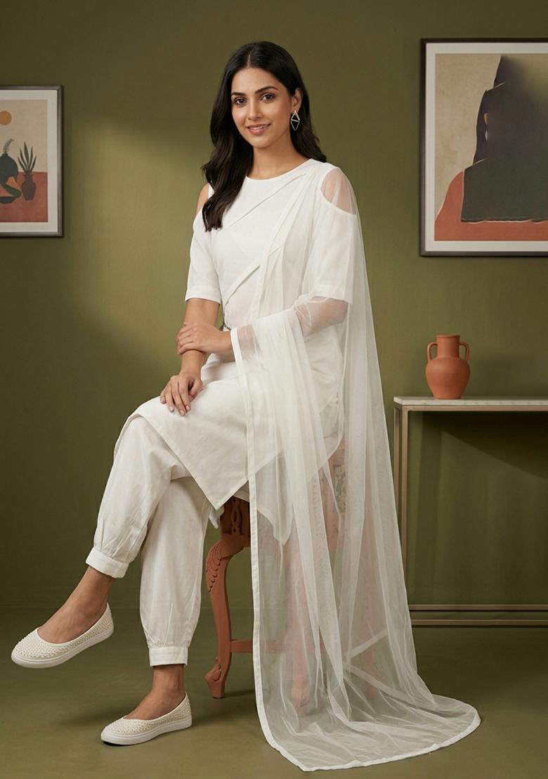 White Plain Rayon Kurta Set - Indya