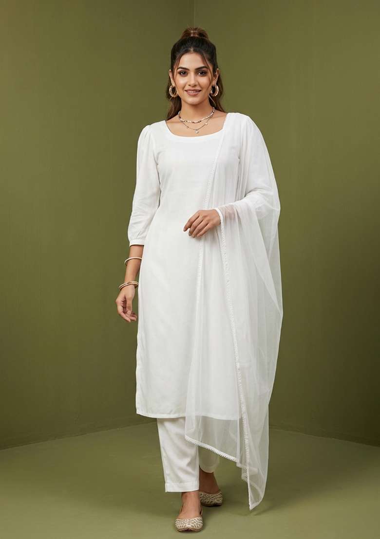 White Plain Rayon Kurta Set - Indya