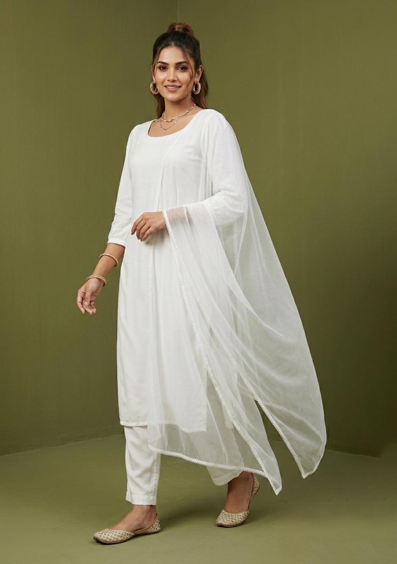White Plain Rayon Kurta Set - Indya