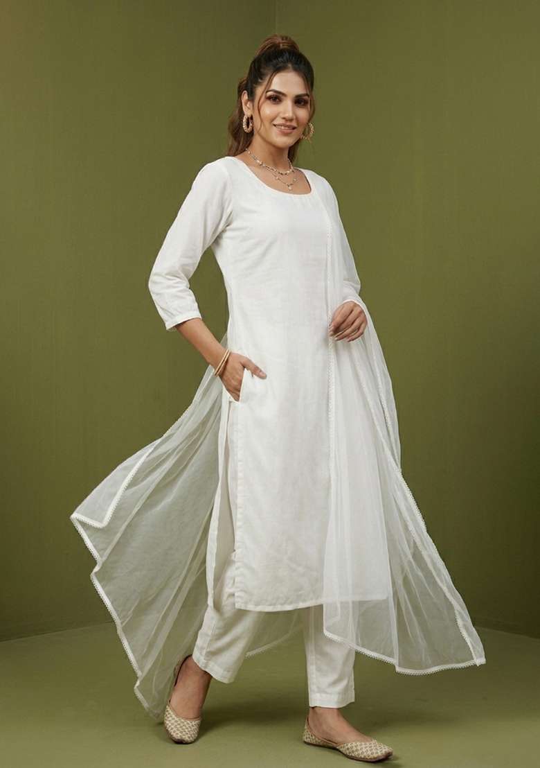 White Plain Rayon Kurta Set - Indya