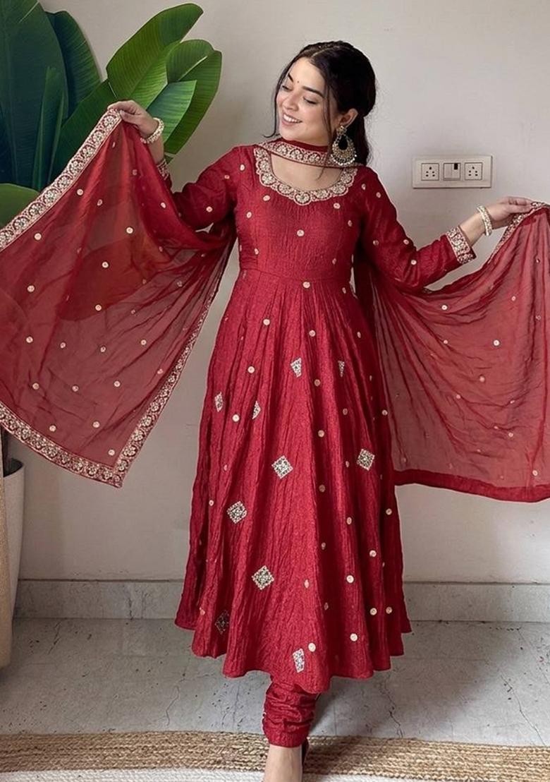Red Embroidered Silk Salwar Kameez - Indya