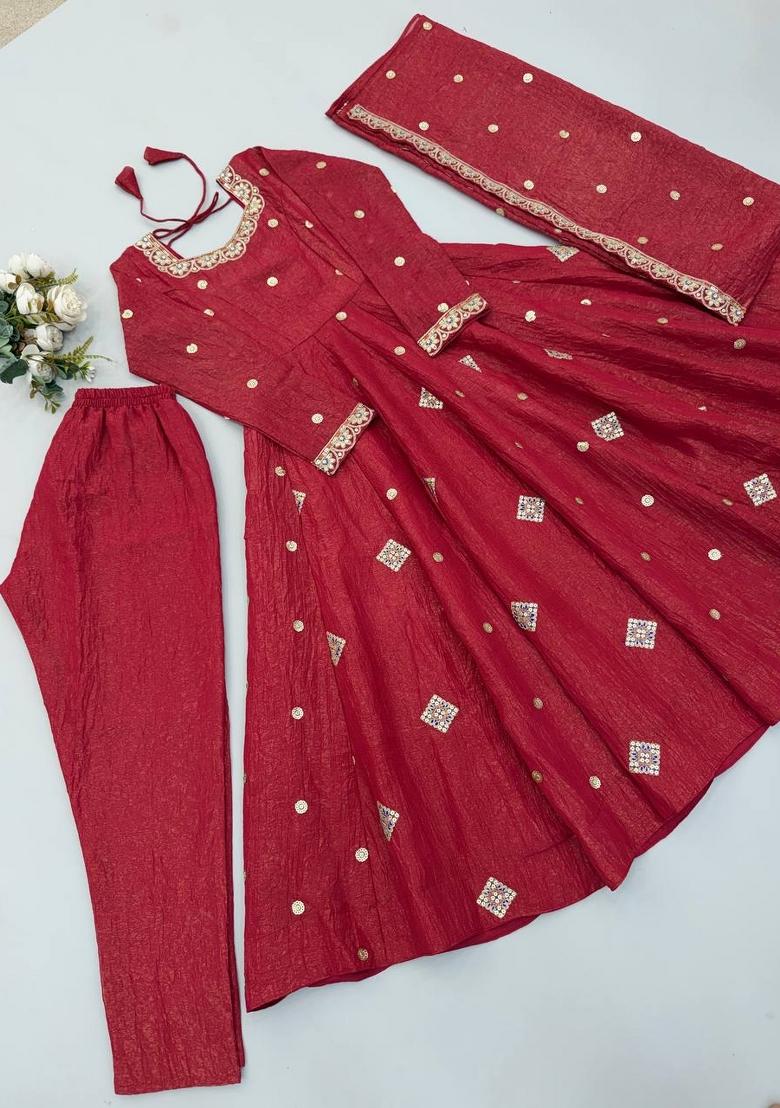 Red Embroidered Silk Salwar Kameez - Indya
