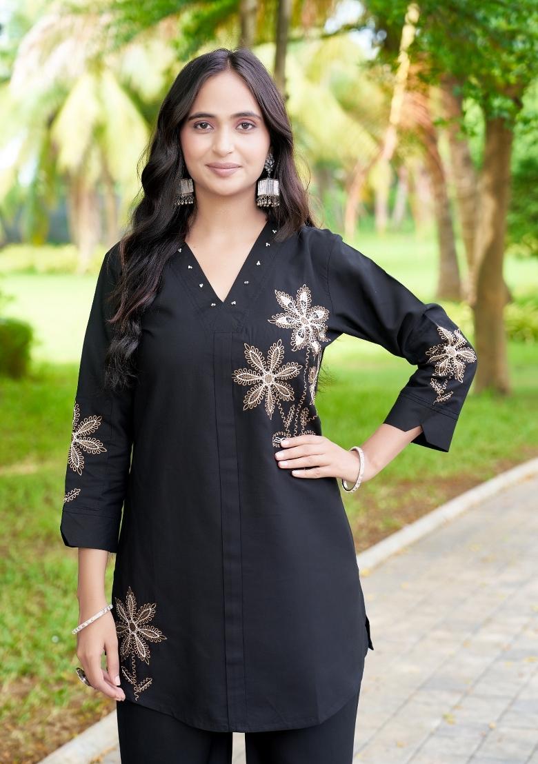 Black Embroidered Rayon Salwar Kameez - Indya
