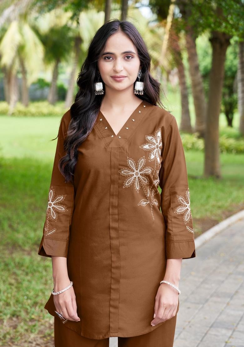 Brown Embroidered Rayon Salwar Kameez - Indya
