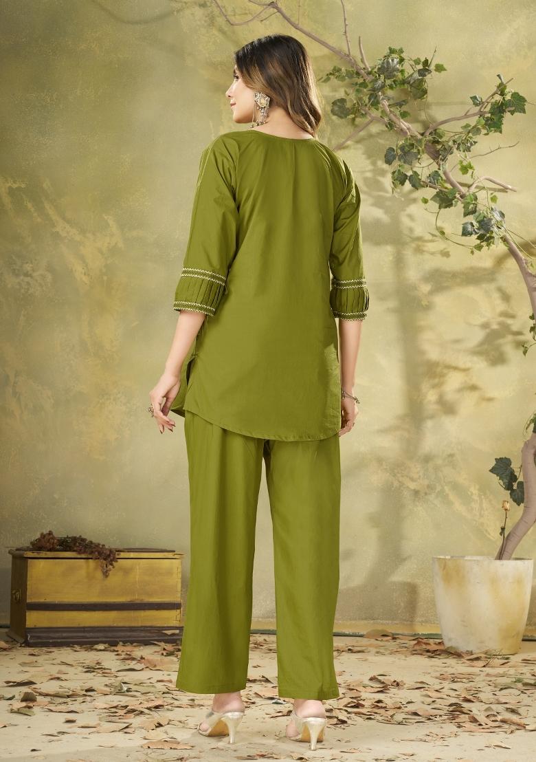 Green Embroidered Cotton Salwar Kameez - Indya