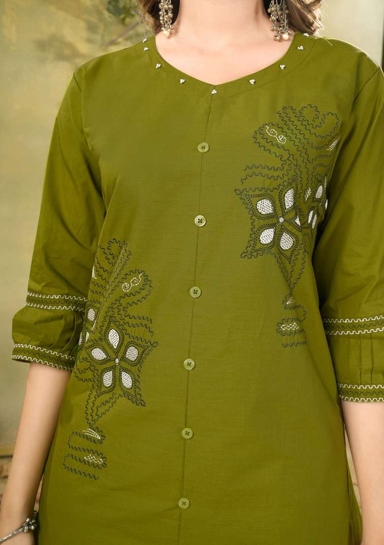 Green Embroidered Cotton Salwar Kameez - Indya