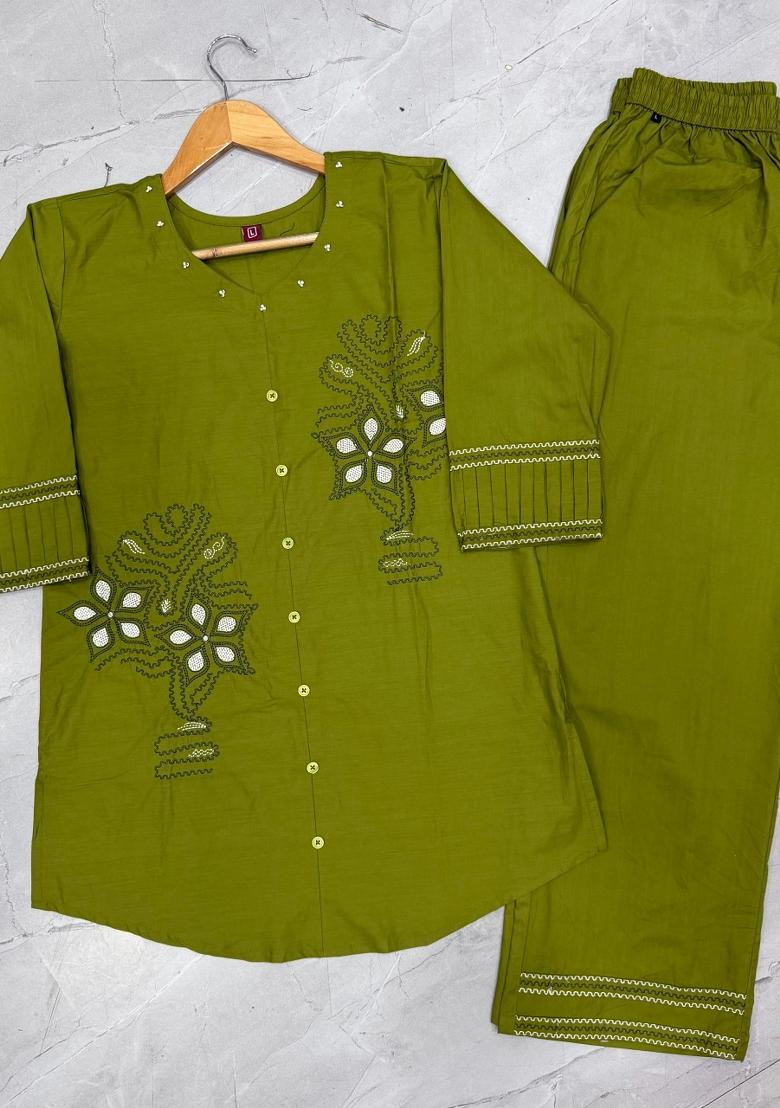 Green Embroidered Cotton Salwar Kameez - Indya
