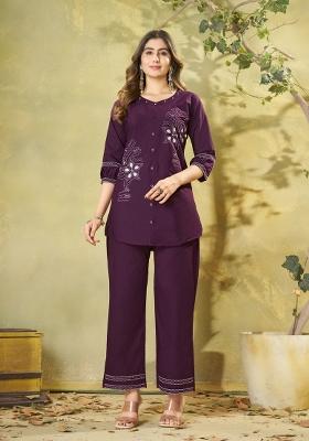 Wine Embroidered Cotton Salwar Kameez
