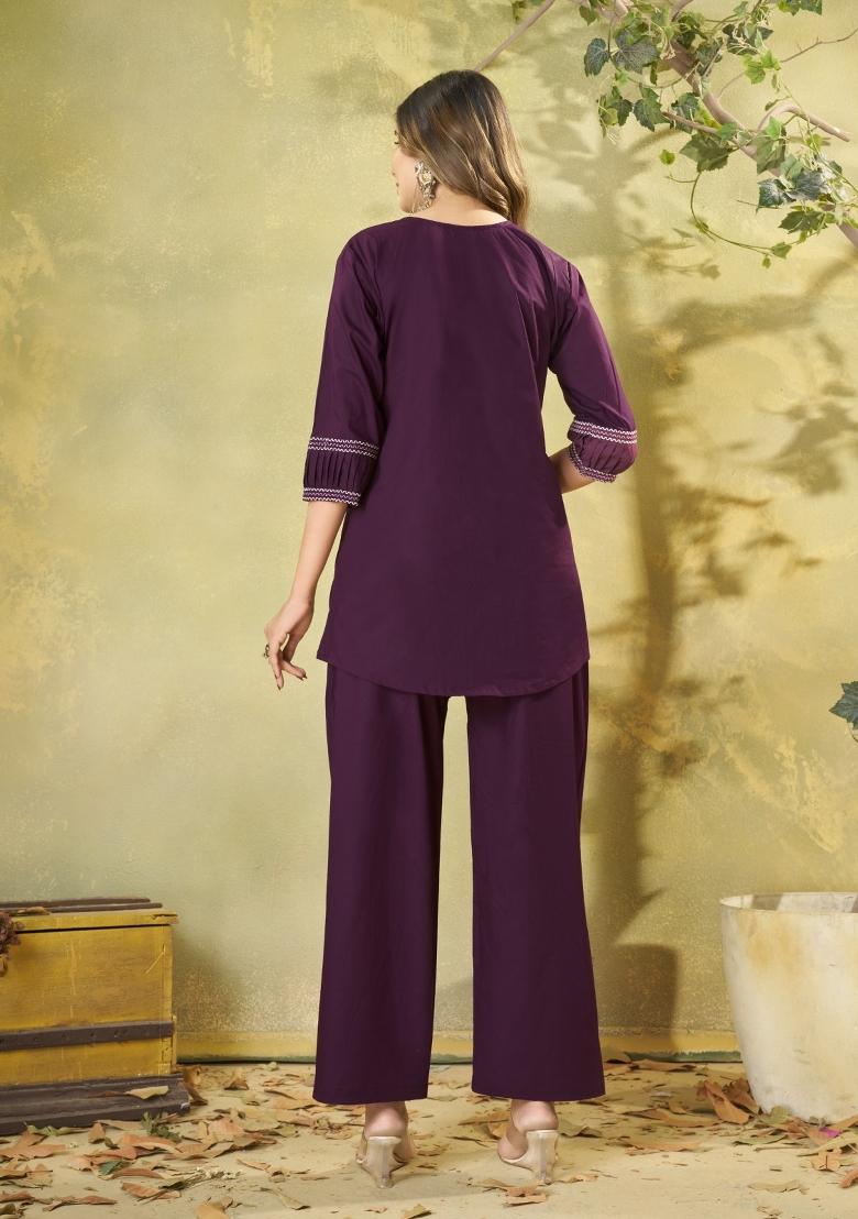 Wine Embroidered Cotton Salwar Kameez - Indya