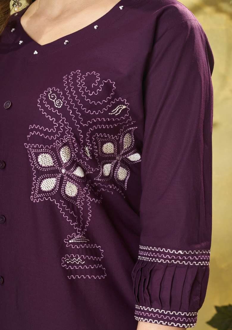 Wine Embroidered Cotton Salwar Kameez - Indya