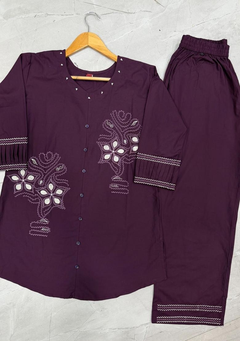 Wine Embroidered Cotton Salwar Kameez - Indya