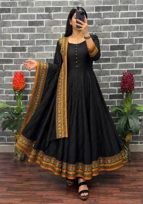 Black Woven Design Silk Kurta With Dupatta