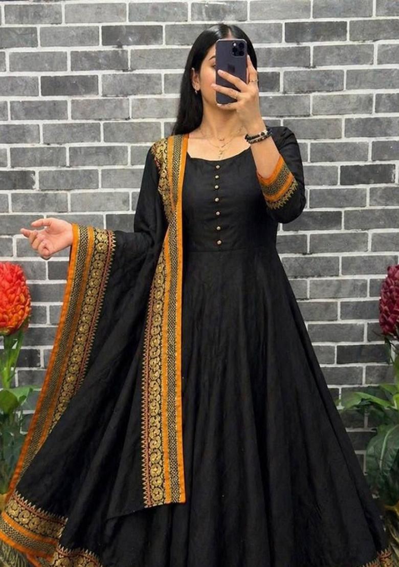 Black Woven Design Silk Kurta With Dupatta - Indya