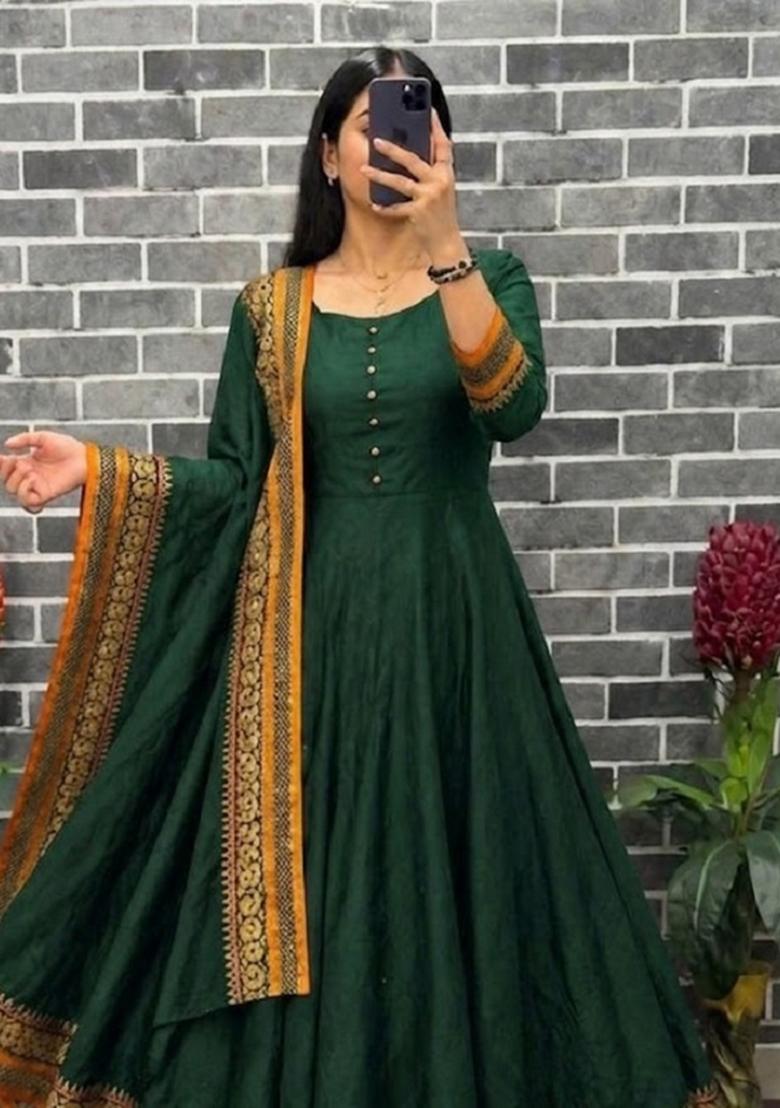 Green Woven Design Silk Kurta With Dupatta - Indya