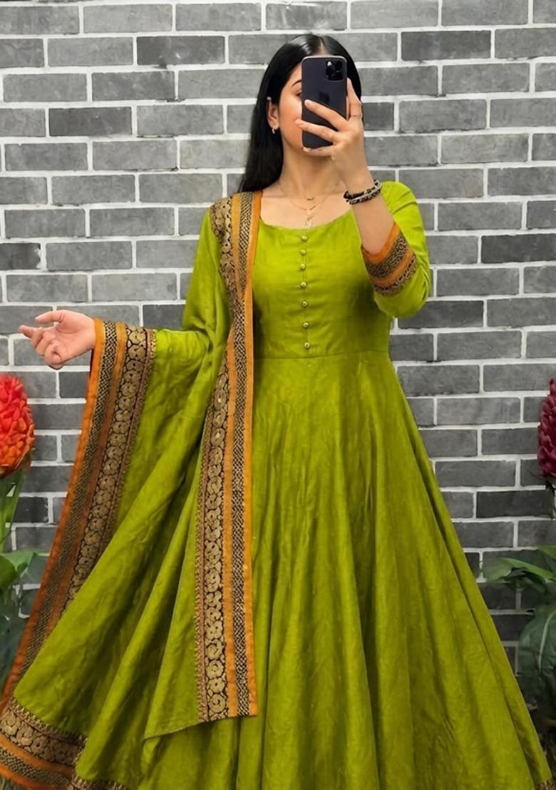 Olive Woven Design Silk Kurta With Dupatta - Indya