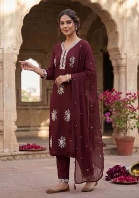 Dark Maroon Embroidered Silk Salwar Kameez