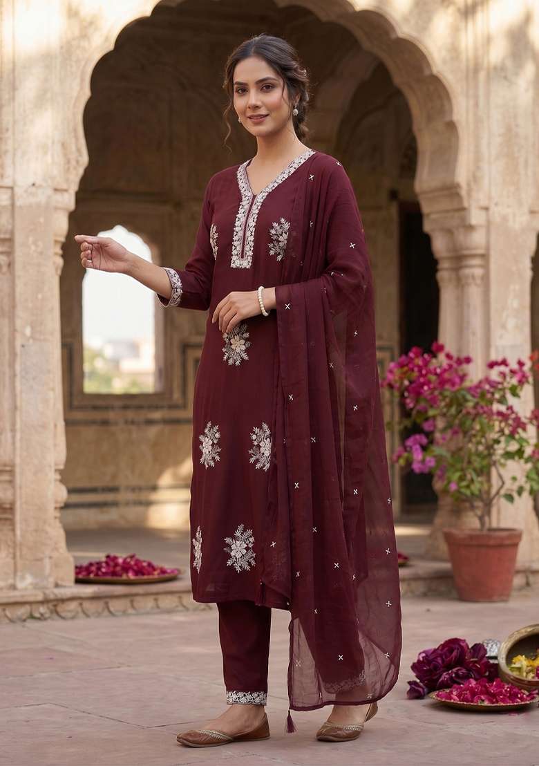 Dark Maroon Embroidered Silk Salwar Kameez - Indya