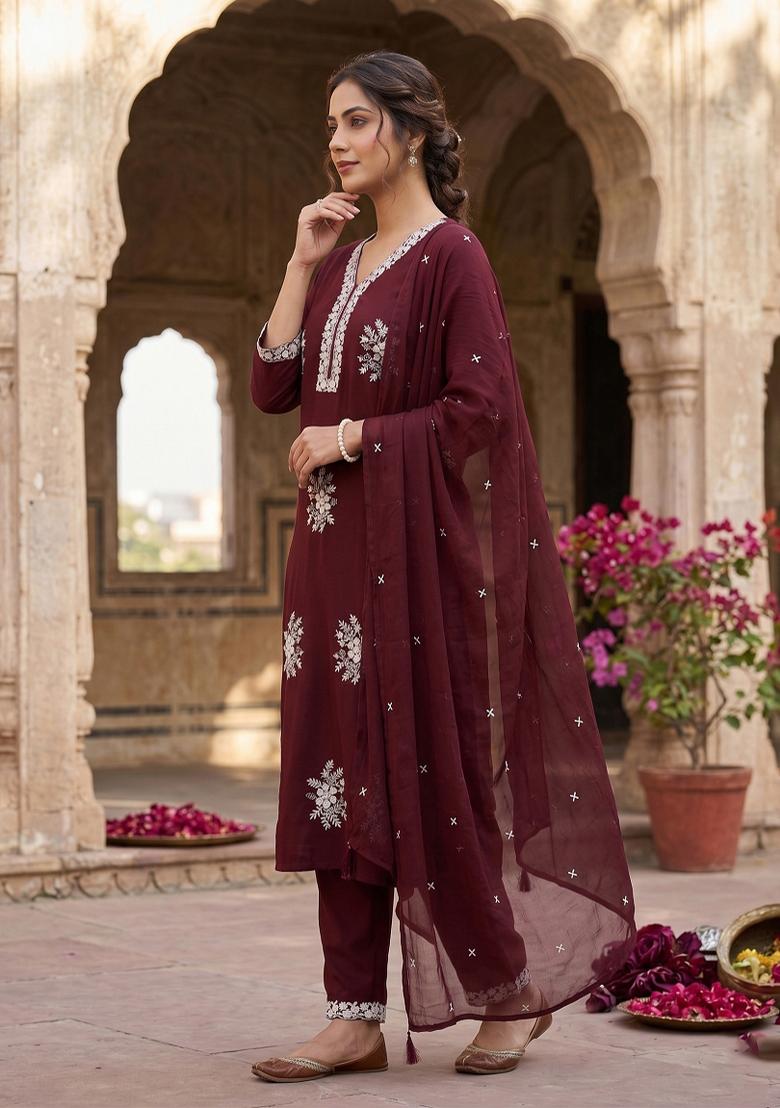 Dark Maroon Embroidered Silk Salwar Kameez - Indya
