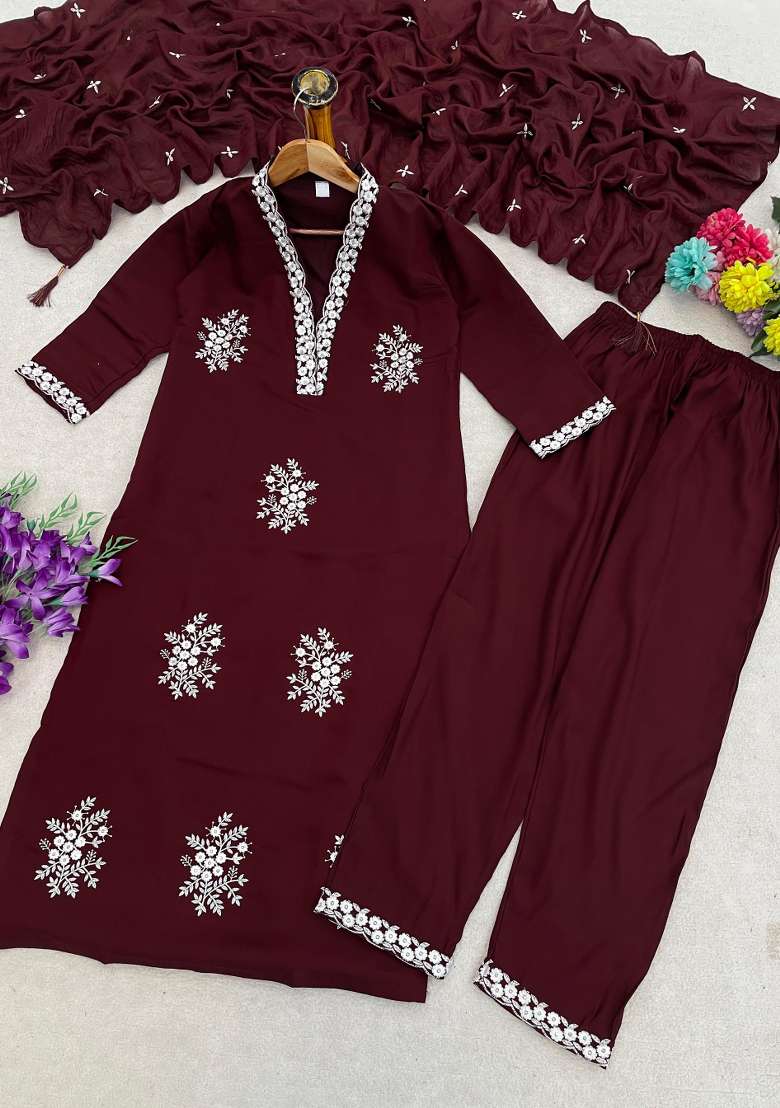 Dark Maroon Embroidered Silk Salwar Kameez - Indya