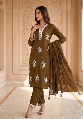 Golden Embroidered Silk Salwar Kameez