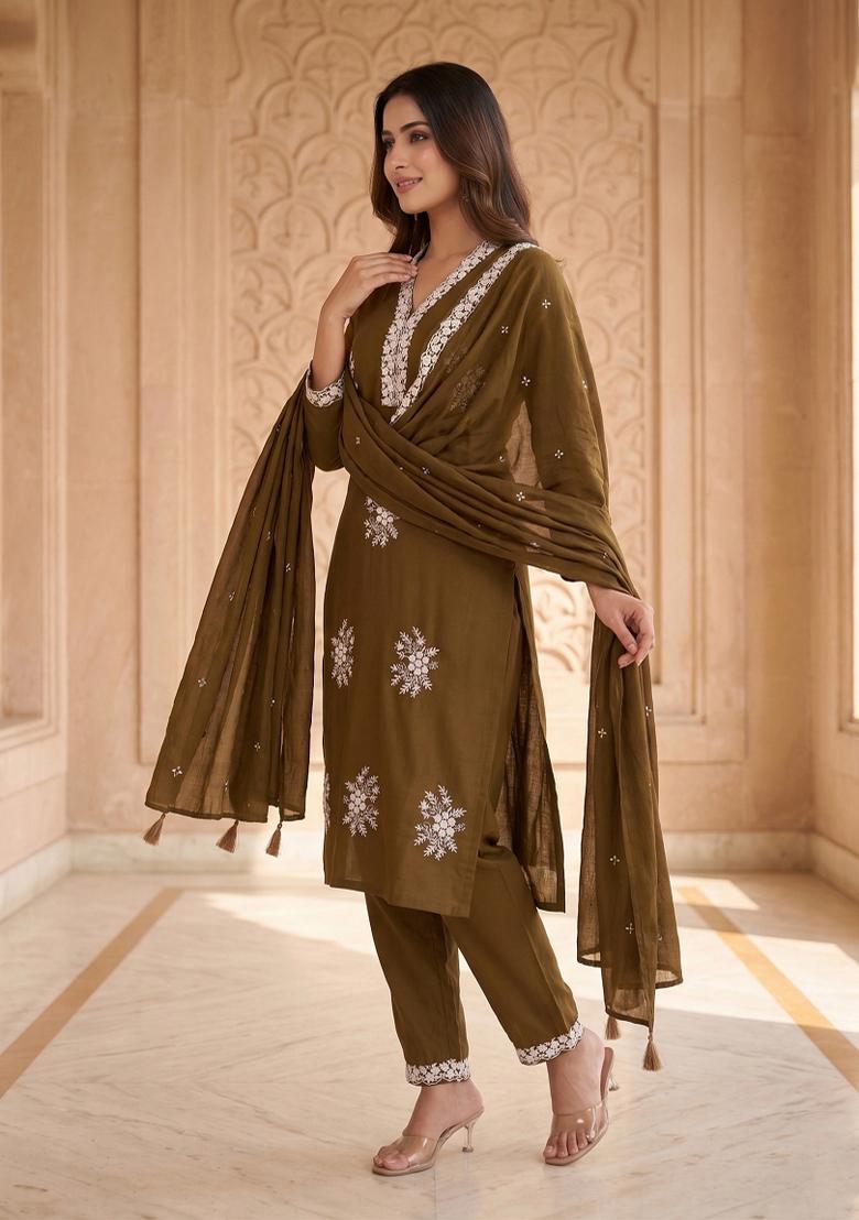 Golden Embroidered Silk Salwar Kameez - Indya