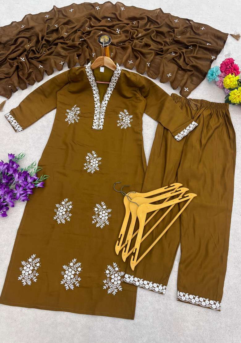 Golden Embroidered Silk Salwar Kameez - Indya