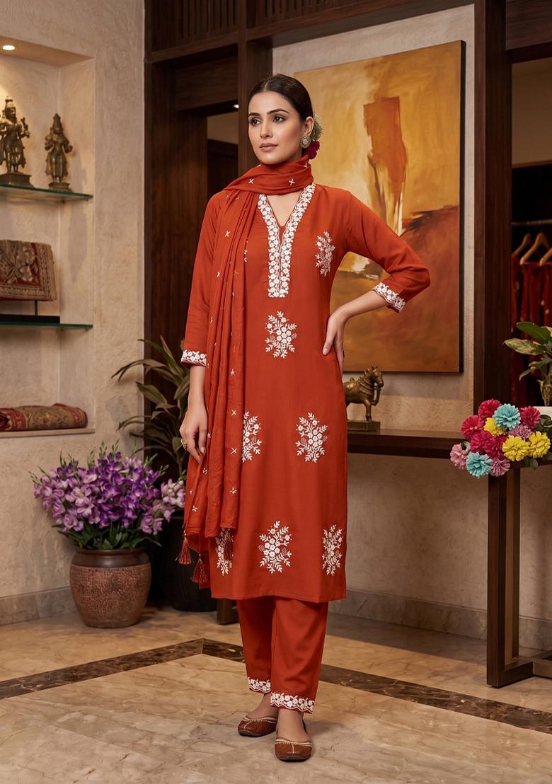 Orange Embroidered Silk Salwar Kameez - Indya