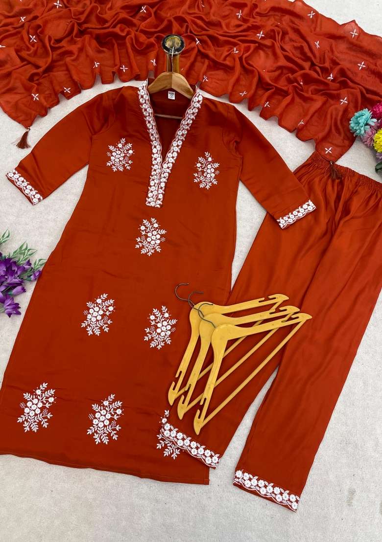 Orange Embroidered Silk Salwar Kameez - Indya