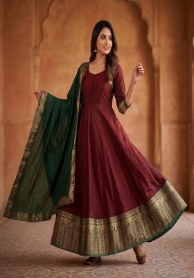Maroon Woven Design Silk Kurta With Dupatta