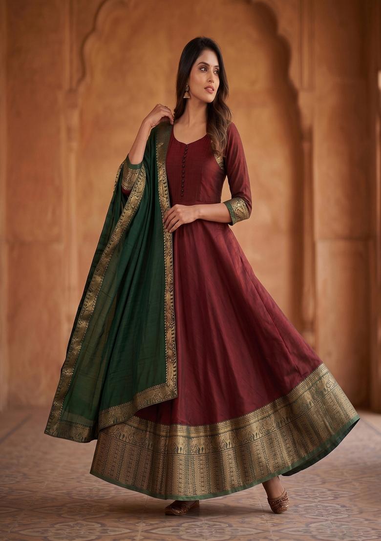 Maroon Woven Design Silk Kurta With Dupatta - Indya