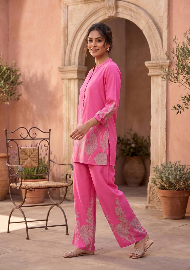 Pink Printed Rayon Salwar Kameez - Indya
