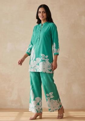 Teal Printed Rayon Salwar Kameez