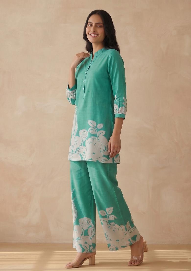 Teal Printed Rayon Salwar Kameez - Indya