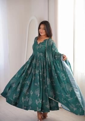 Teal Green Printed Silk Salwar Kameez