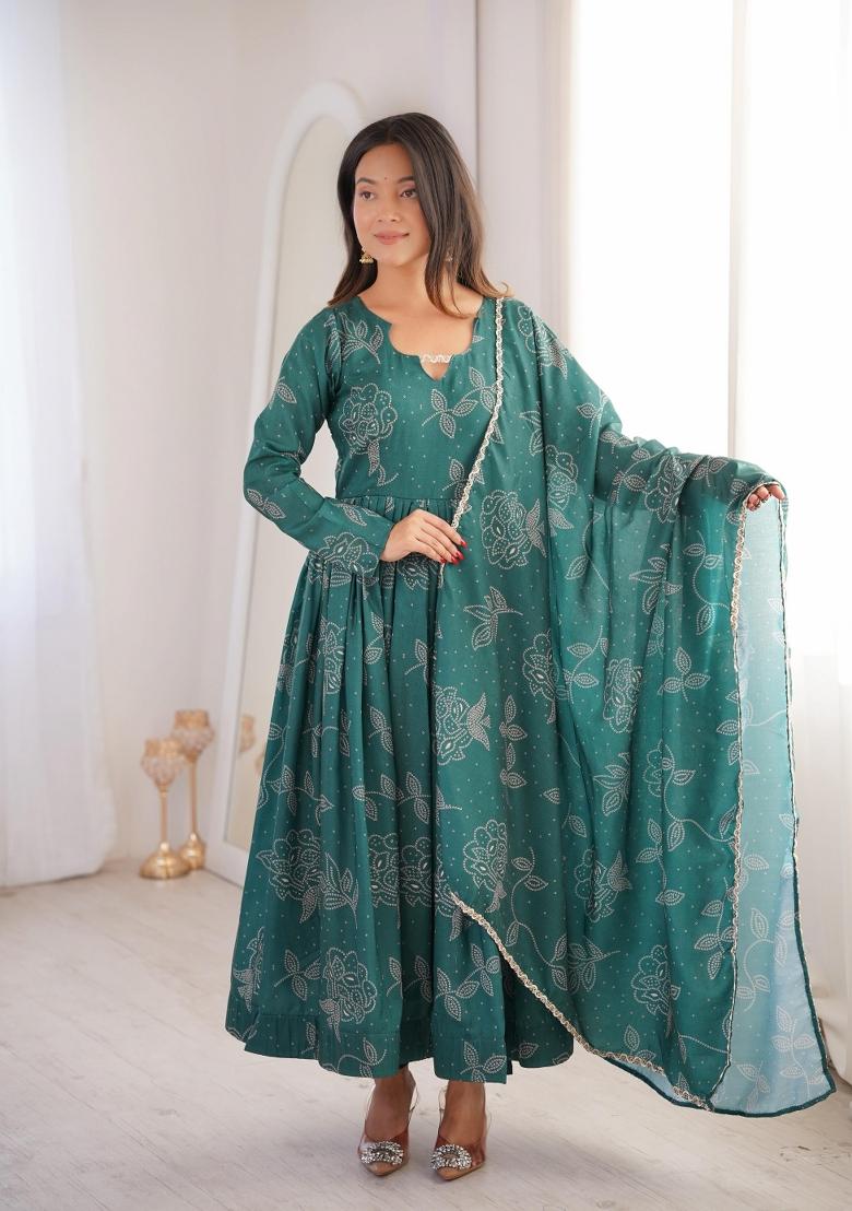Teal Green Printed Silk Salwar Kameez - Indya