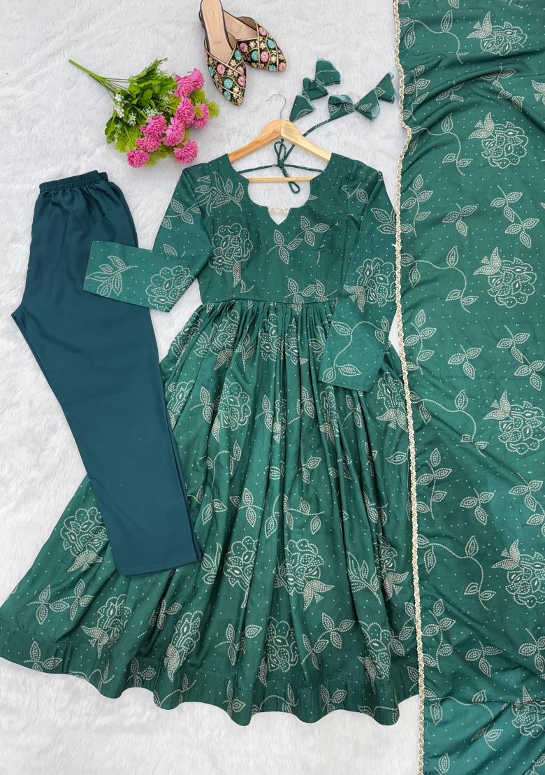 Teal Green Printed Silk Salwar Kameez - Indya
