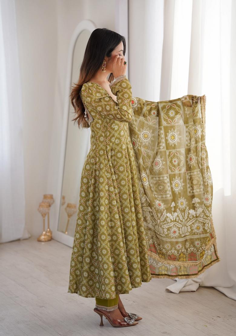 Olive Woven Design Silk Salwar Kameez - Indya